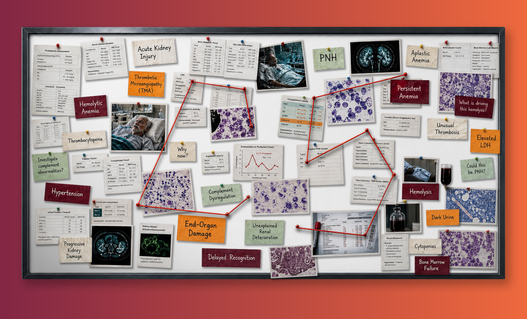 Clinical investigation board showing complement-related diagnostic clues